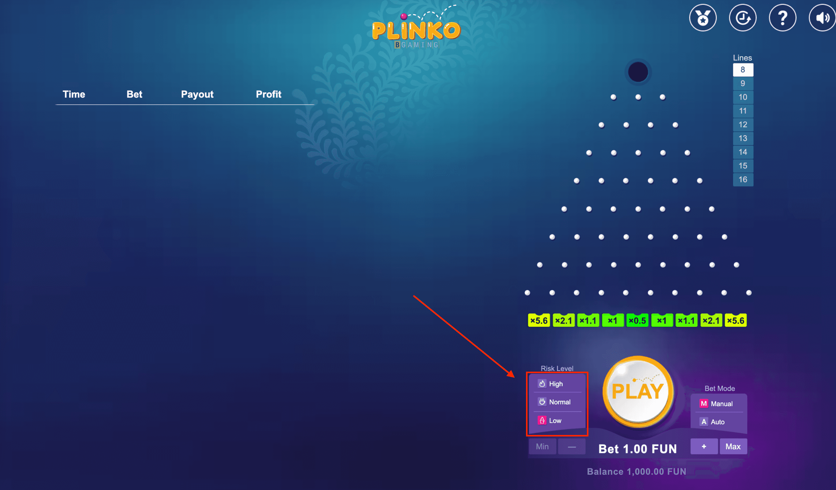 Plinko risk level selection interface showing High, Normal, Low options