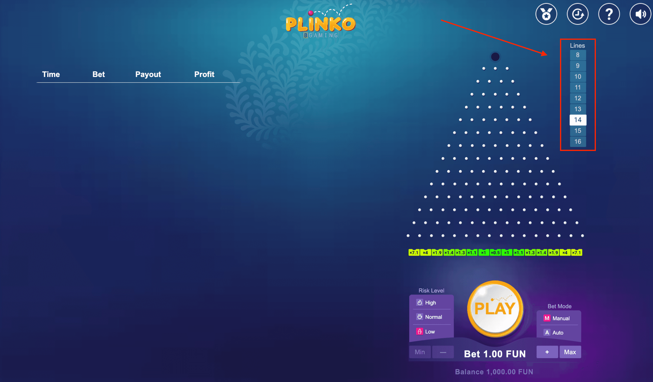 Plinko game board showing row selection from 8 to 16 lines