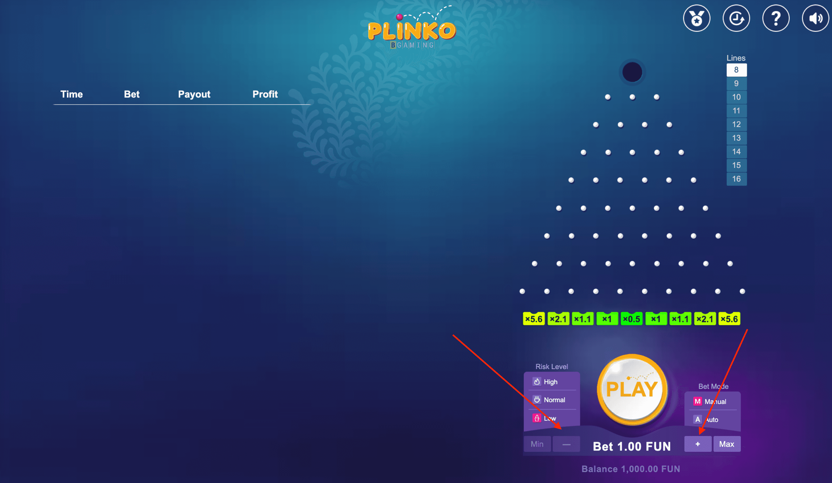 BGaming Plinko betting interface for online real money play
