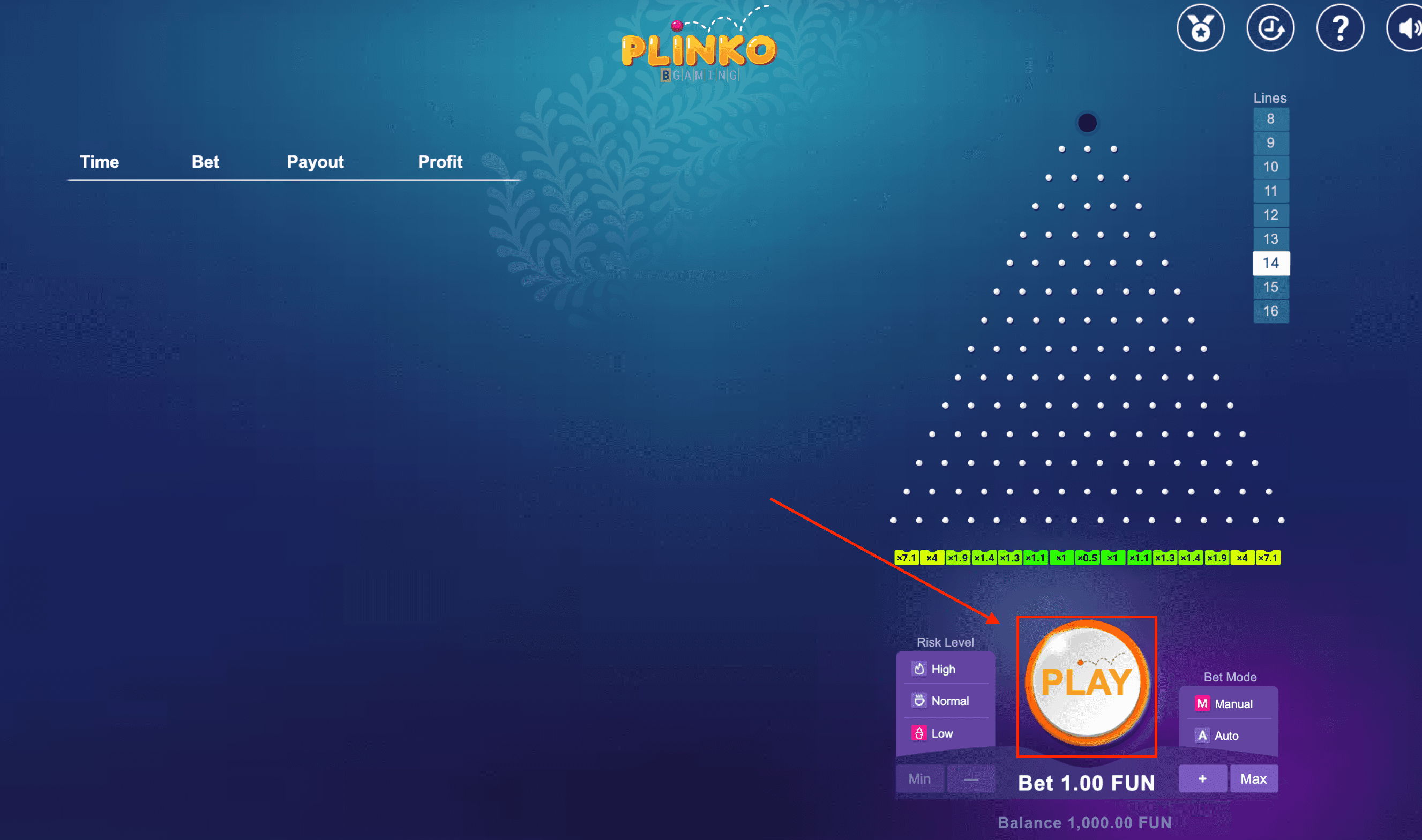 Plinko PLAY button interface to drop ball and start game